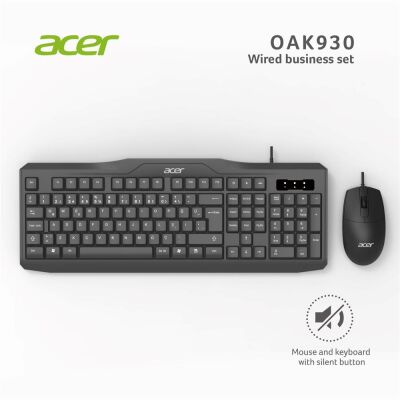 Acer OAK-930 Kablolu Sessiz Tuşlu Klavye Moue Set Siyah (Klavye 1,40Cm-Mouse 1.60Cm Kablo) - 1