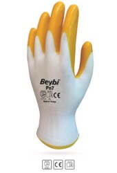 Beybi Nitril Poly PN7 9 Beden Beyaz Sarı Eldiven 12li Paket - 1